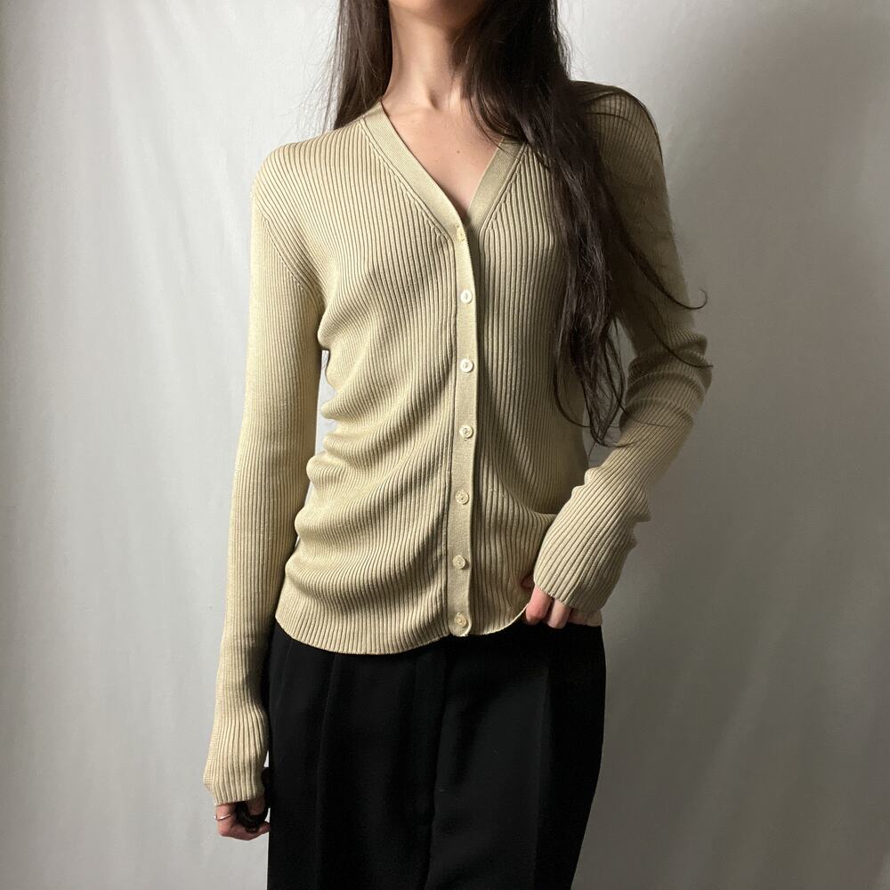 90s vintage beige silk ribbed knit minimalist button cardigan sweater